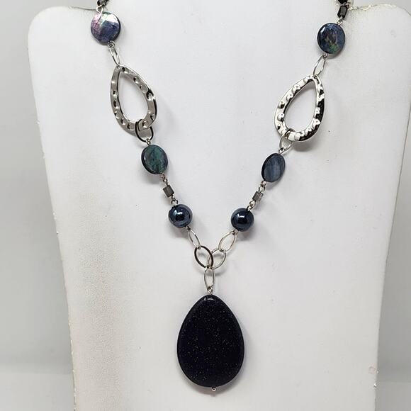 Express Dark Blue Glass Bead Silver Silver Tone Statement Necklace Adjustable - Picture 1 of 7